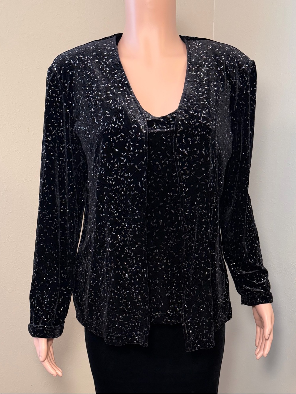 Vintage 90s Ronni Nicole Womens L Black Velvet Glitter 2 Piece Jacket Top